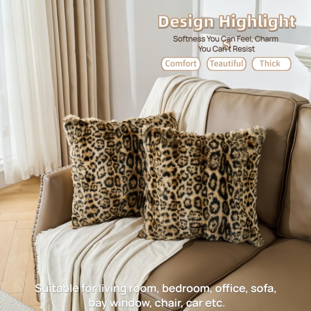 MeadowSky Pack of 2 Throw Pillow Covers Dense Faux Rabbit Fur Cozy Super Soft Fuzzy Set Case Decorative Throw Pillows Cushion for Couch Sofa Bedroom-Leopard Brown 18x18 Inch