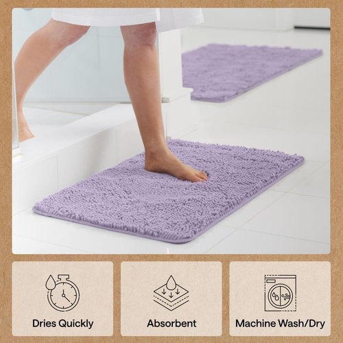 GORILLA GRIP Bath Rug Mat - Thick Soft Absorbent Chenille | Quick-Dry Microfiber, 44x26, Light Purple