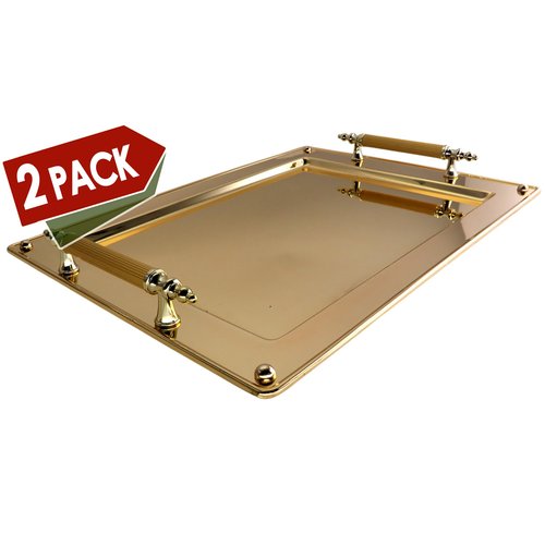 Maro Megastore (Pack of 2) 17.4 inch x 13 inch Rectangular Iron Gold Plated Serving Tray with Handles Simple Stylish Decorative Birthday Wedding Buffet Wine Decor Platter Plate Base Dish FST-001