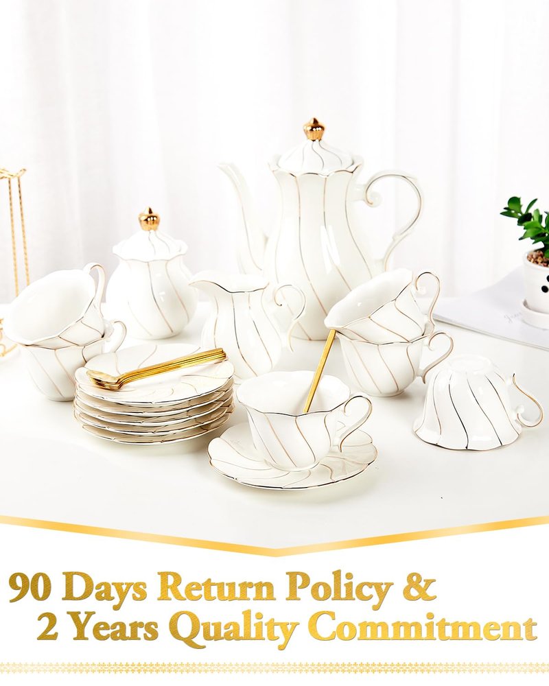DUJUST 22 pcs White Porcelain Tea Set for 6, Luxury British Style Tea/Coffee Cup Set with Golden Trim, Beautiful Tea Set for Women, Tea Party Set, Gift Package (With a Stand)