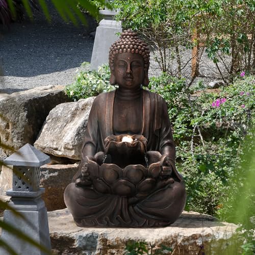 Meditating Buddha Garden Fountain with LED Light, 28-inch Polyresin Statue