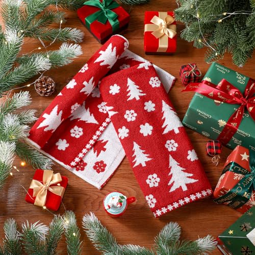 Peryiter 2 Pcs Red Christmas Tree Hand Towels for Bathroom 100%cotton