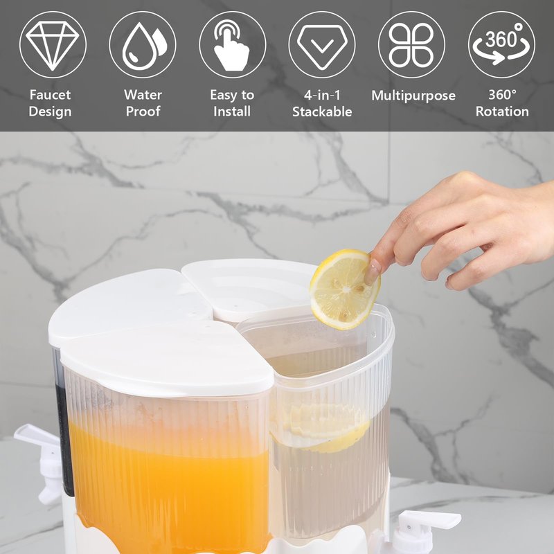 Flyburry 1.8 Gallon Beverage Dispenser for Fridge, 4 Grids Rotating Plastic Drink Dispenser with 4 Spigots Cold Kettle Refrigerator Iced Lemonade Juice Milk Containers for Home picnics Parties
