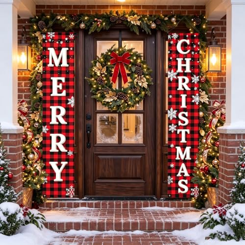 ChunRun Red Buffalo Plaid Christmas Porch Banner Set (2) 71" x 12" - Merry Christmas Outdoor Decor, Front Door & Yard