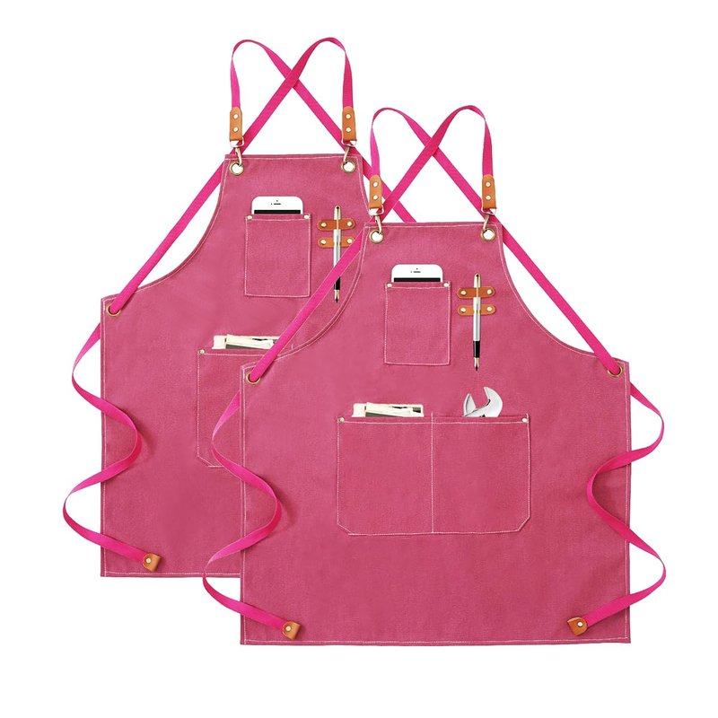 Kitchen Apron Canvas (2 Pack), Chef Apron Cross Back Adjustable Apron with 3 Pockets Professional Tool Work Apron Waterproof Barbecue BBQ Apron for Men Women, Cooking Painting Gardener (Pink)