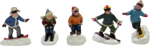 Moments In Time Christmas Village Set - Hand-Painted Skiing & Snowboarding Figures | 5 Polyresin Holiday Decor