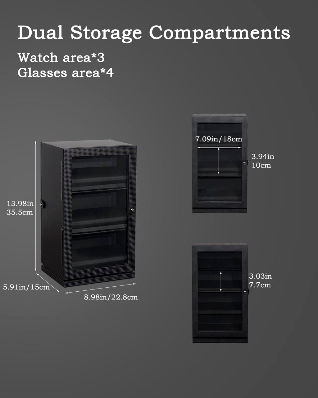 Watch and Glasses Storage Case, 3-Layer Watch Display Box, 4-Layer Glasses Rack, 360° Rotating Jewelry Organizer with Glass Window (Brown, With windows)