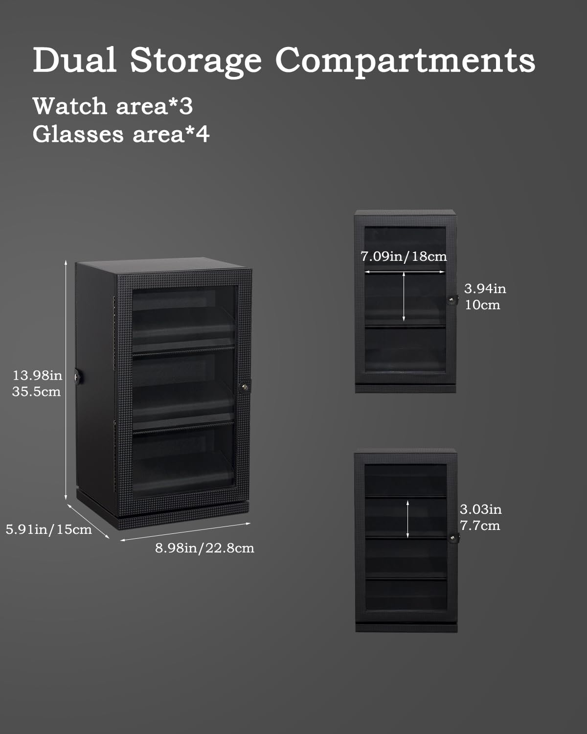 Watch and Glasses Storage Case, 3-Layer Watch Display Box, 4-Layer Glasses Rack, 360° Rotating Jewelry Organizer with Glass Window (Brown, With windows)