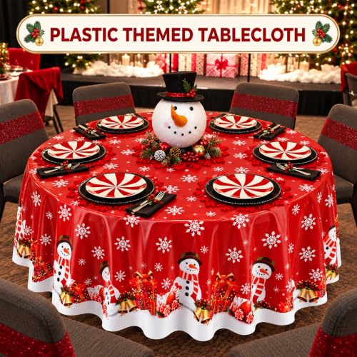 LemonRoad 6 Pcs 84" Red Christmas Round Tablecloths with Snowman - Disposable Holiday Party Linens