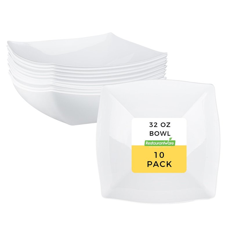 Restaurantware Moderna 32 Ounce Fancy Plastic Bowls 10 Square Disposable Salad Bowls - Durable Heavy-duty White Plastic Bowls For Warm And Cold Foods