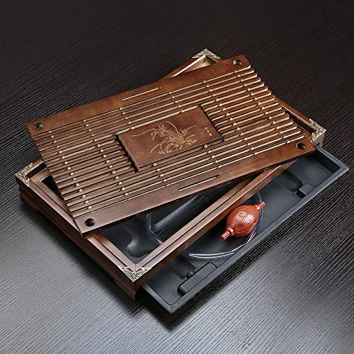 RORA Bamboo Tea Tray Chinese Gongfu Tea Serving Tray with Drawer Type Water Storage Drainage Kungfu Tea Set Table (Brown)
