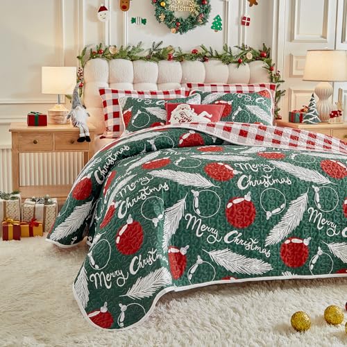 UOZZI Bedding King Size Reversible Christmas Quilt Set Green Red Feathers Plaid 101x88