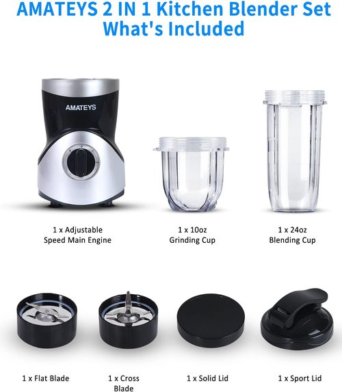Amateys Personal Blender - Professional Smoothie Maker with Blending & Grinding Blades | Portable 24/10 Oz Travel Bottles