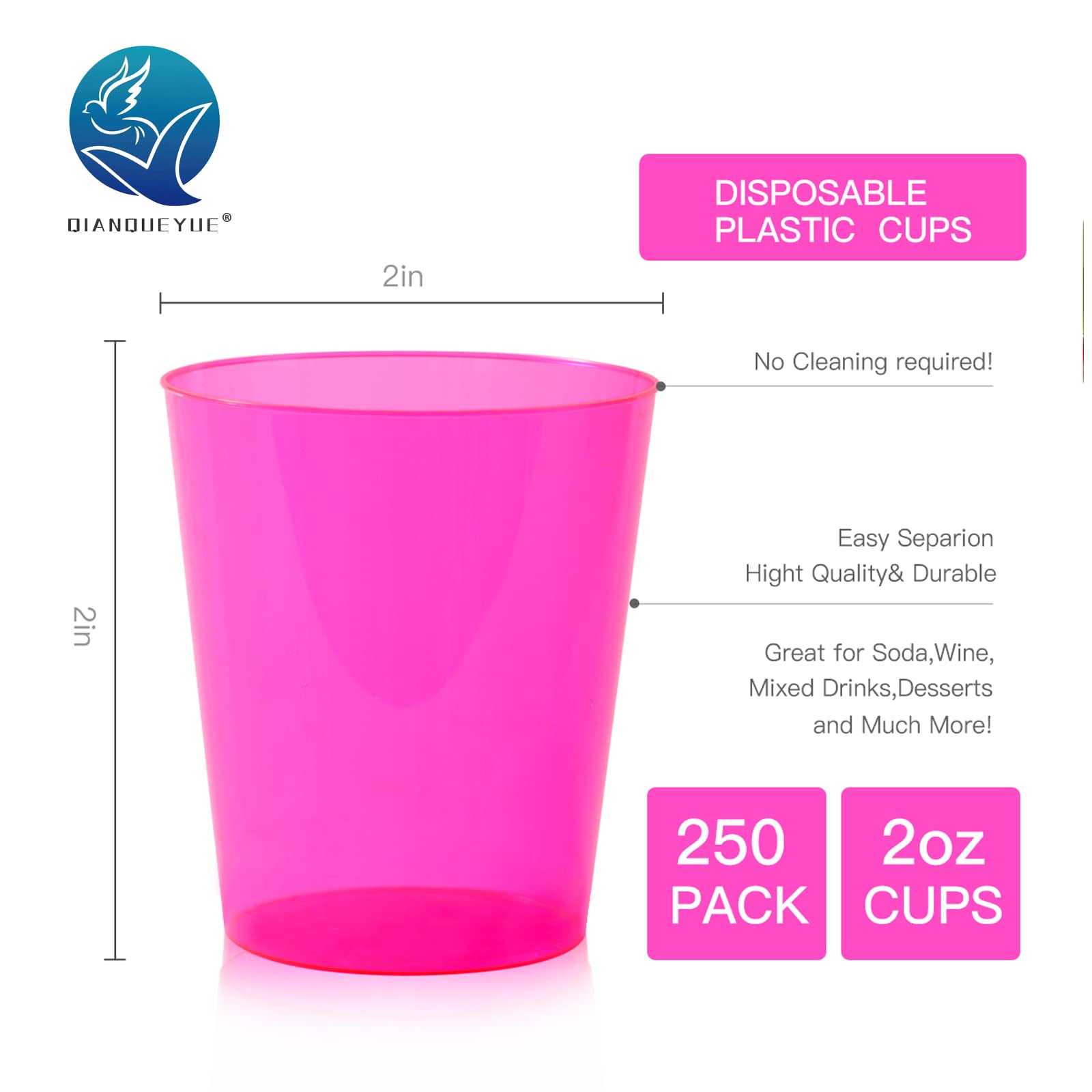 QIANQUEYUE 250 Pack 2oz Disposable Hard Plastic Cups Shot Glasses, Jello Cups, Iridescent Neon Birthday Christmas Party Supplies