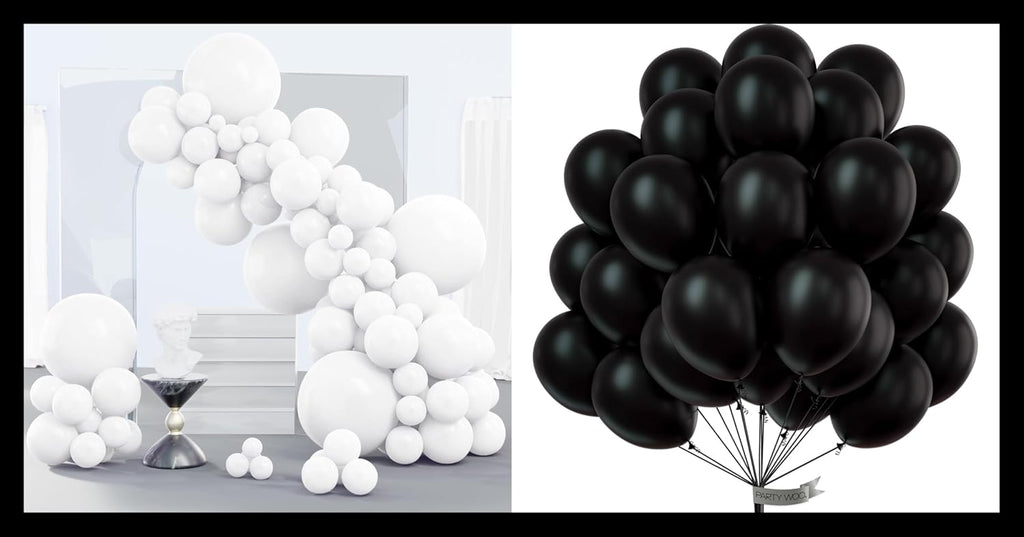 PartyWoo White & Black Balloons - 140 Pcs (18/12/10/5 Inch) for Weddings, Showers & Celebrations
