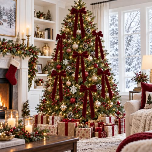 Milimot Burgundy Velvet Bows for Christmas Tree 8 x 20 in - 8 Pcs with 1.5 in Ribbon