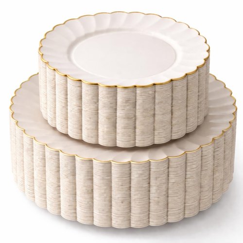 By Madee HEAVYWEIGHT 100 Pc Ivory and Gold Scalloped Disposable Plates for Party | 50 Dinner & 50 Dessert Heavy Duty Pastic Plates | Elegant and Fancy (50 Guests)