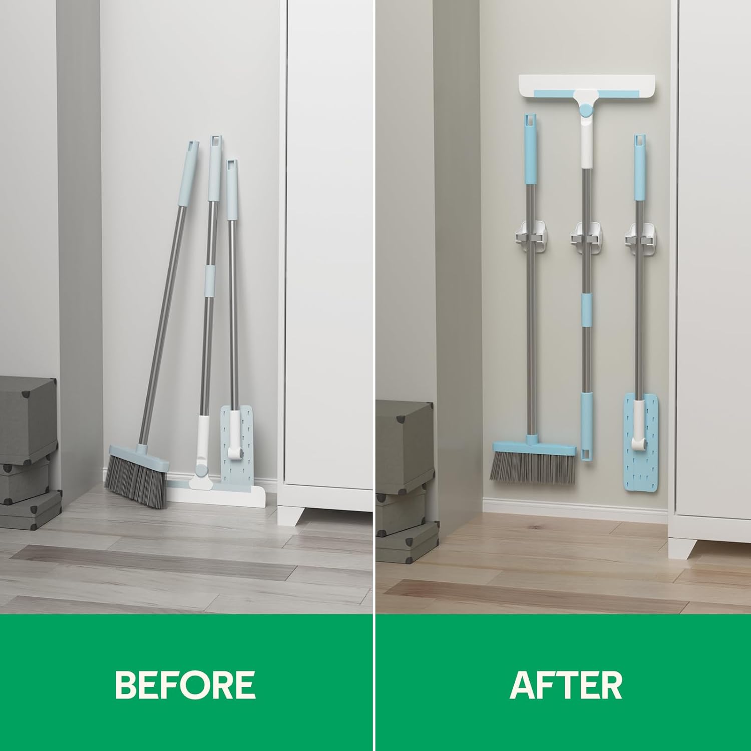 Reliahom Broom Holder Wall Mount - No Drilling, Self-Adhesive Mop Grippers | 3-Pack White Garage Organizer
