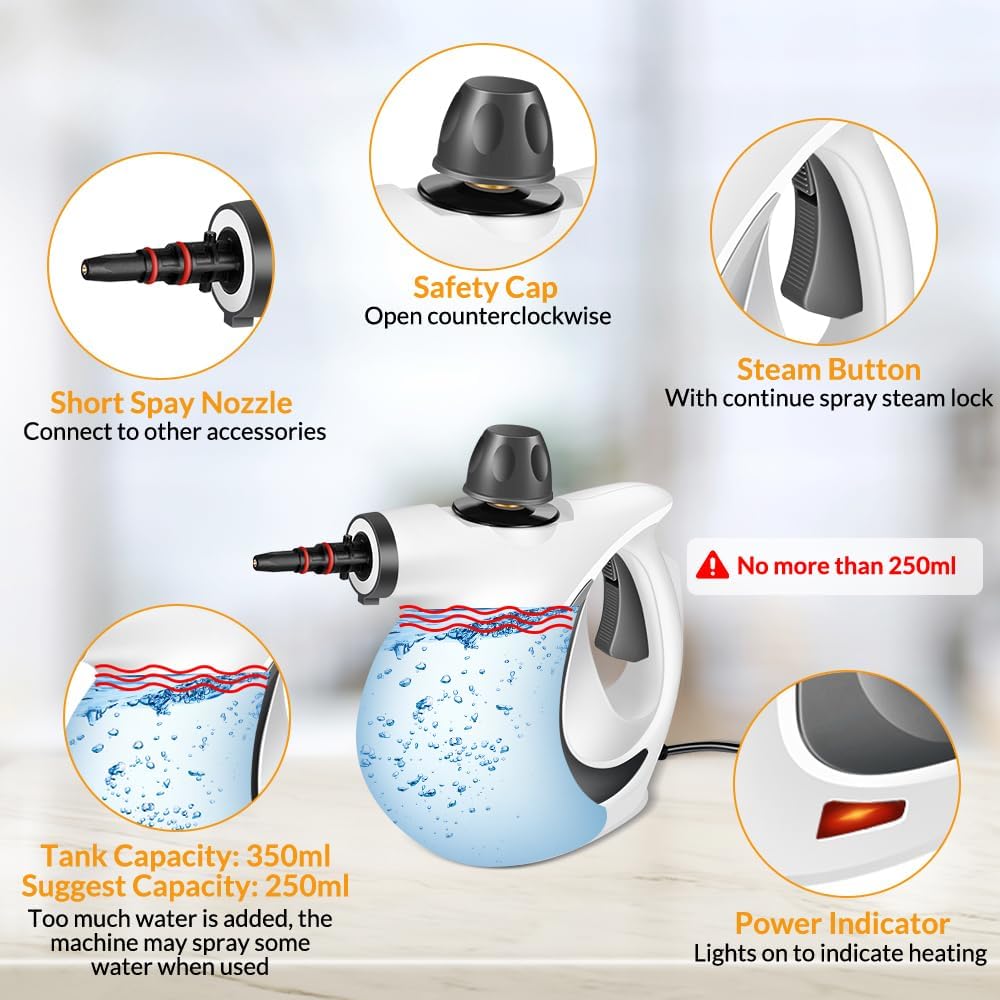 Skiennix Handheld Steam Cleaner - Powerful Pressurized Cleaning with 12 Accessories | Deep Gray