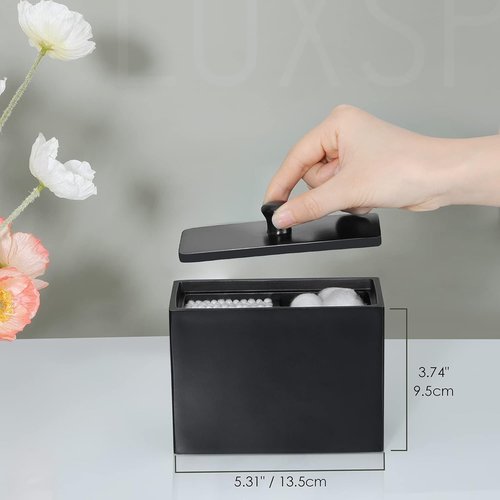 Luxspire Cotton Swab Holder - Stylish Qtip Dispenser with Lid & 2 Compartments | Matte Black Bathroom Organizer