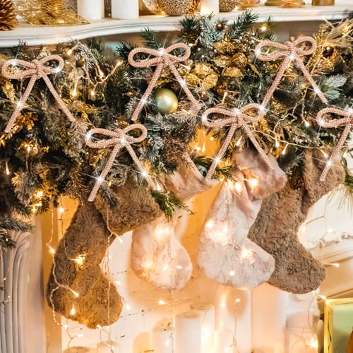 Suncalla 12 pcs Gold Glitter Rhinestone Christmas Tree Bows 3.2"x2.8" with Clips - Holiday Decorations