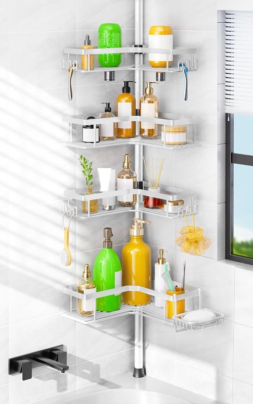 HAMITOR Corner Shower Caddy - 4-Tier Rustproof Bathroom Organizer with Soap Holder & Hooks | Adjustable Tension Pole Rack (47-123 Inch)