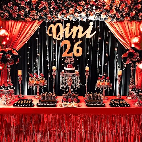BEAIMUXI 6 Pack Red Metallic Foil Fringe Table Skirts 9 Feet x 29.5 Inch - Party Decor