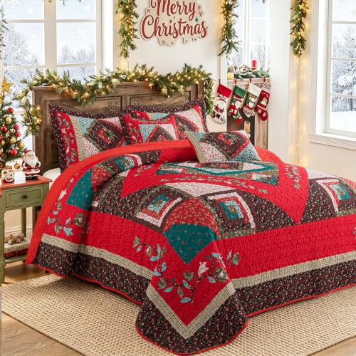 Christmas California King Size Quilt Set - Cotton Bedspreads, Festive Floral Print