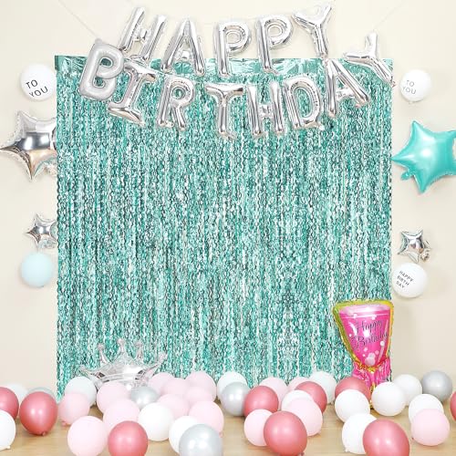 3 Pack Teal Wavy Foil Fringe Curtains 3.3ft x 6.6ft Metallic Backdrop