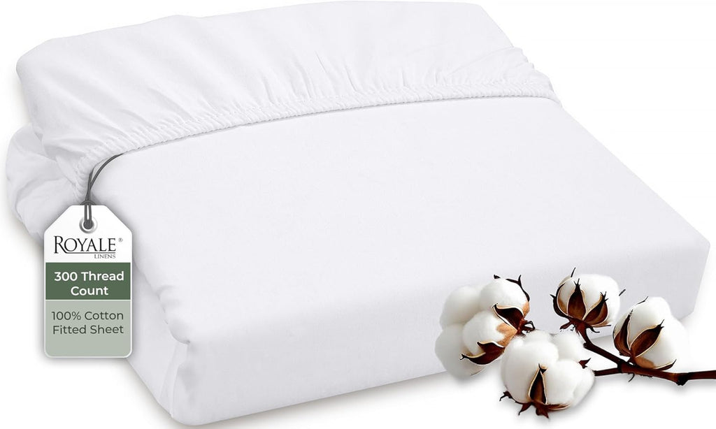 Royale Linens 300 Thread Count Fitted Sheet - 100% Long Staple Cotton, Super Soft, Deep Pocket | Queen Size, White