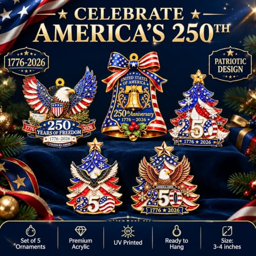 USA 250th Anniversary Christmas Ornaments 5-Piece Set - Patriotic Acrylic Tree Decorations