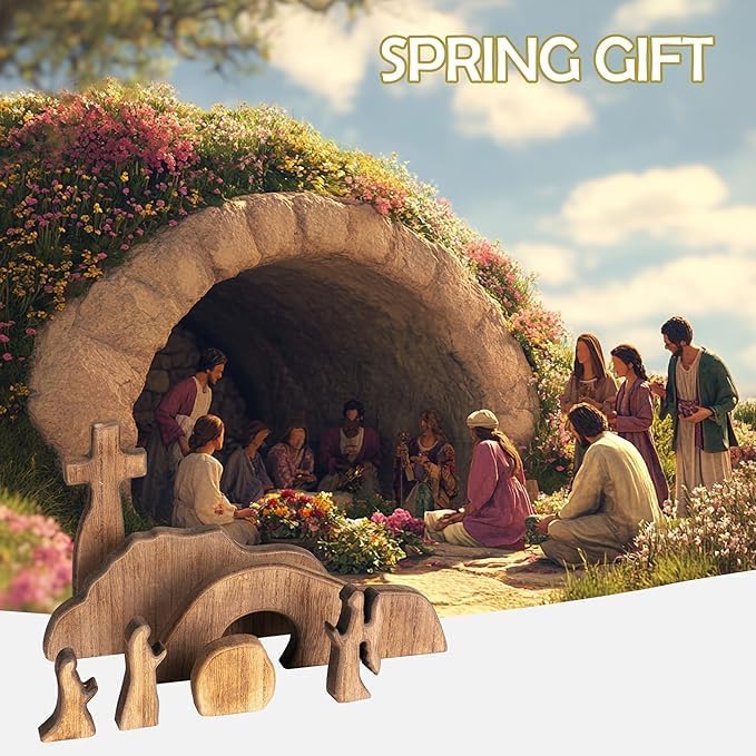 Wooden Easter Resurrection Scene, 7-Piece Empty Tomb & Cross Tabletop Decor