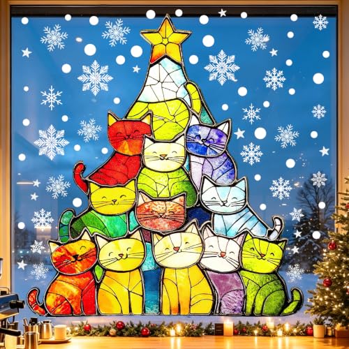 Colorful Christmas Window Clings - Cat Design Decorative Holiday Decals