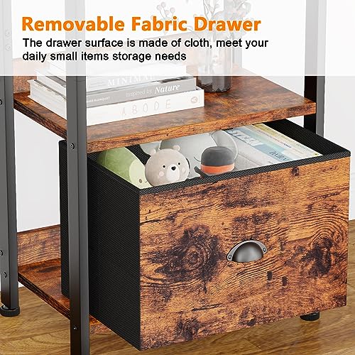 5-Tier Tall Narrow Bookshelf with Fabric Drawer - Rustic Brown
