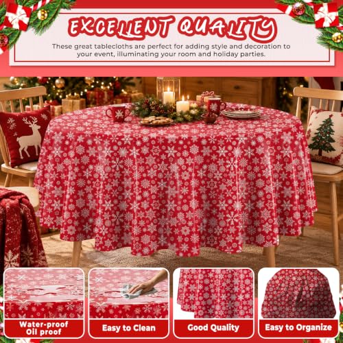 Red Snowflake Disposable Round Plastic Tablecloth 84 Inch - Pack of 10 for Christmas Parties
