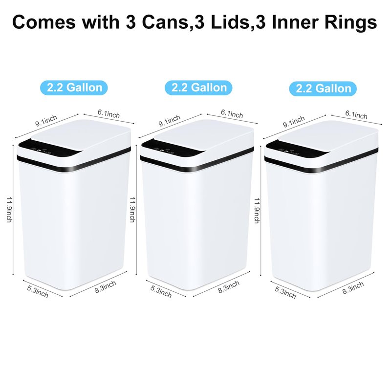 Anborry Bathroom Automatic Trash Can 3 Pack 2.2 Gallon Motion Sensor Touchless Small Slim Garbage Can with Lid Smart Electric Narrow Garbage Bin for Bedroom Living Room Office Kitchen (White)