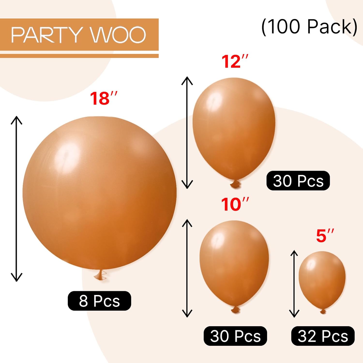 PartyWoo Light Brown Balloons - 100 Pcs Latex Balloon Arch Kit | Various Sizes for Birthday & Baby Shower Decor