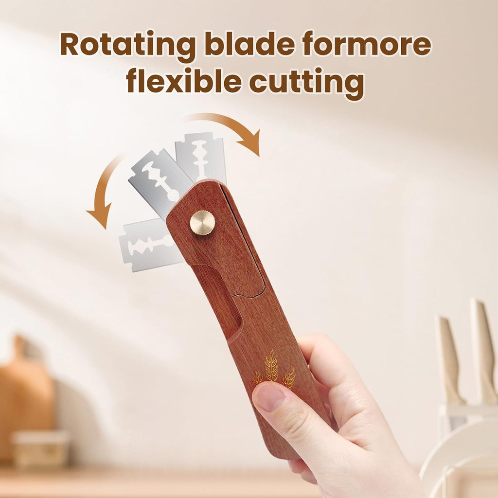 Wooden Bread Lame - Handcrafted Sourdough Scoring Tool with Screw Lock & 10 Razor Blades | Reddish Brown
