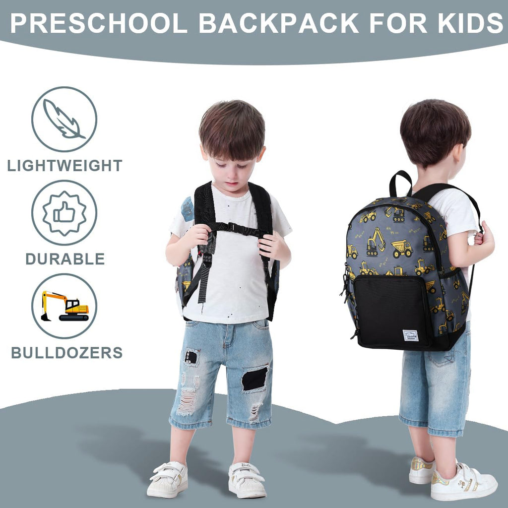 VASCHY Toddler Kids Backpacks, Cute Lightweight Water Resistant Preschool Backpack for Little Boys with Chest Strap Excavator
