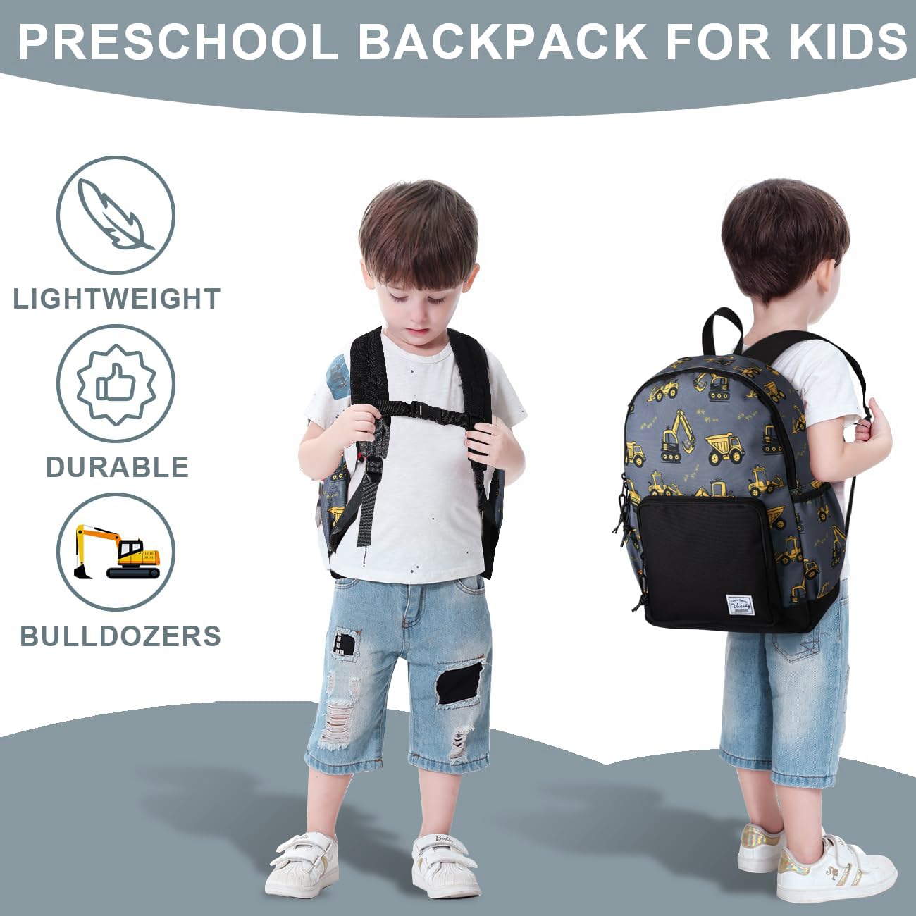 VASCHY Toddler Kids Backpacks, Cute Lightweight Water Resistant Preschool Backpack for Little Boys with Chest Strap Excavator