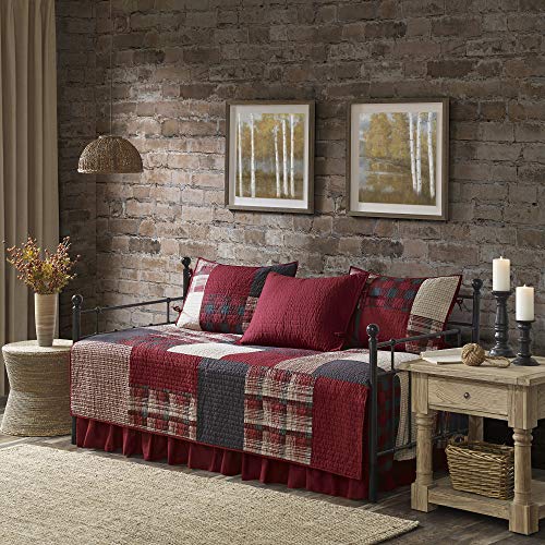 100% Cotton Daybed Cover Set - 5-Piece Cabin Patchwork Bedding, Sunset Red