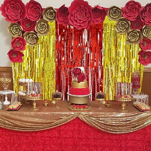 BEISHIDA 4 Pcs Red and Gold Fringe Foil Curtain Backdrop for Parties, Graduation, Weddings