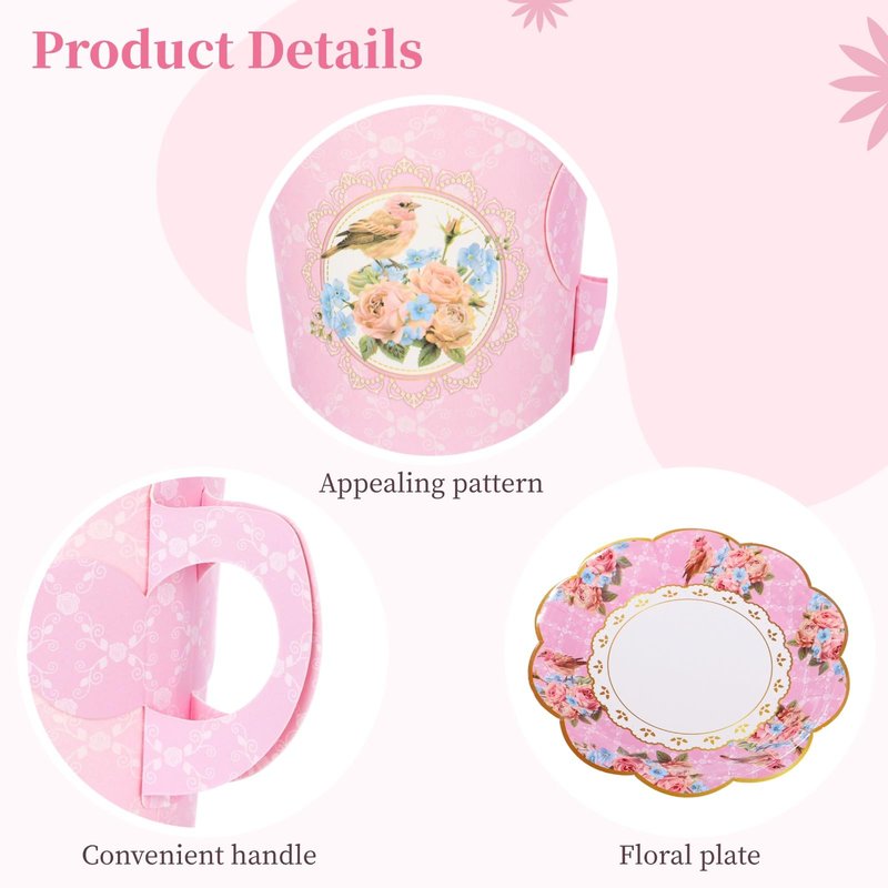 192 PCS Floral Paper Tea Cups with Handle - 96 Disposable Cups and Saucers for Birthday Wedding Tea Party Decorations