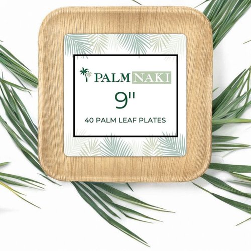 PALM NAKI Square Palm Leaf Plates (40 Count) - Disposable Dinnerware, Eco-Friendly, Bamboo-like Compostable and Biodegradable Plates (9" Plates)