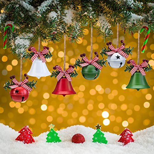 6 Pcs Christmas Bell Ornaments with Holly Berry Bows for Tree Decor