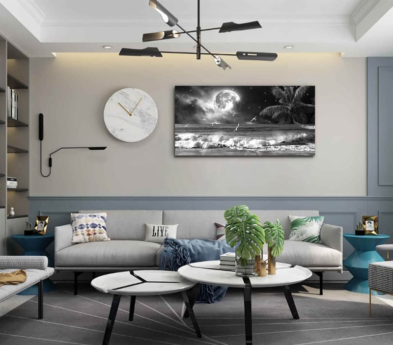 Yxbhhym Black and White Ocean Wall Art Moon Sea Beach Canvas Print Art Ocean Paintings Seascape Poster Wall Pictures Landscape Palm Artwork for Wall Living Room Decor Framed-20x40inches
