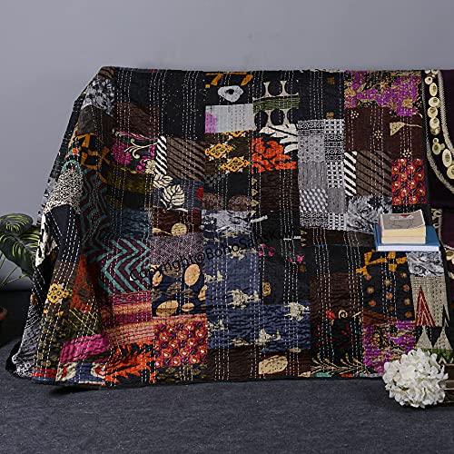 Hand Quilted Kantha Quilt - Premium Patchwork Bedspread in Black