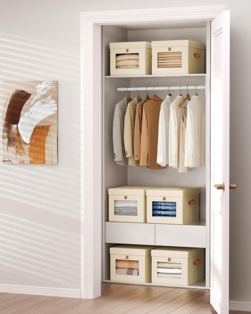 Homsorout Storage Bins - Foldable Fabric Organizer with Lid & Clear Window | 3-Pack Beige for Clothes Storage
