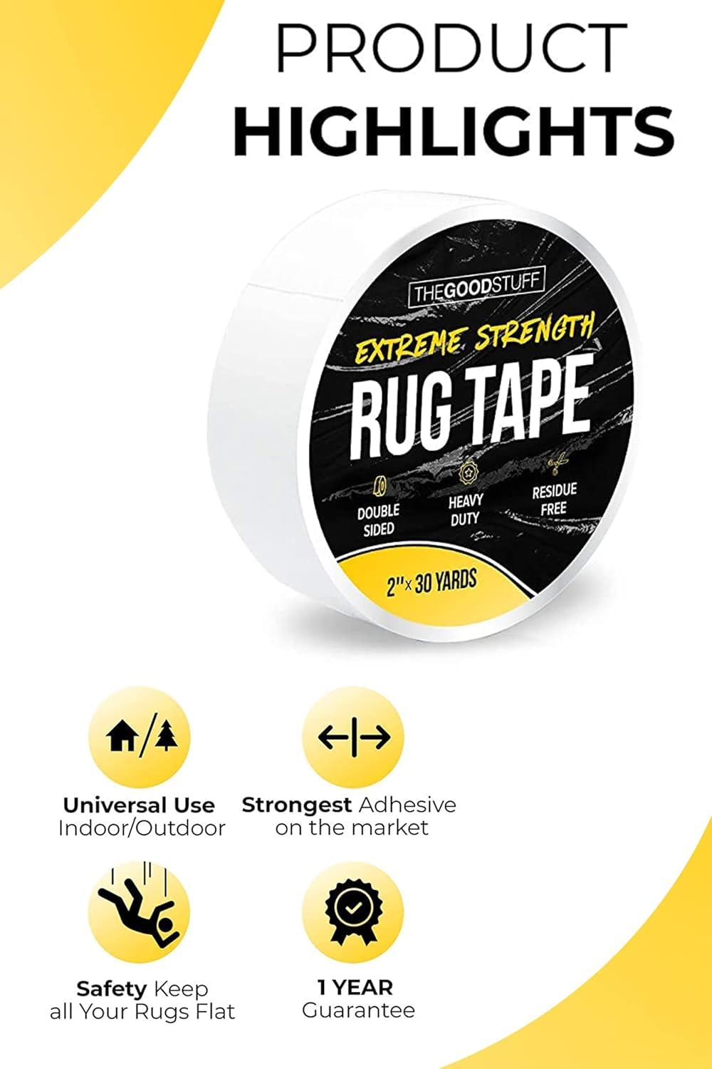 The Good Stuff Double-Sided Carpet Tape - Heavy-Duty Non-Slip Rug Gripper | 2"x10yd, No Residue, Easy Removal
