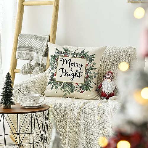16x16 Inch Christmas Throw Pillow Cover Merry & Bright Eucalyptus & Mistletoe